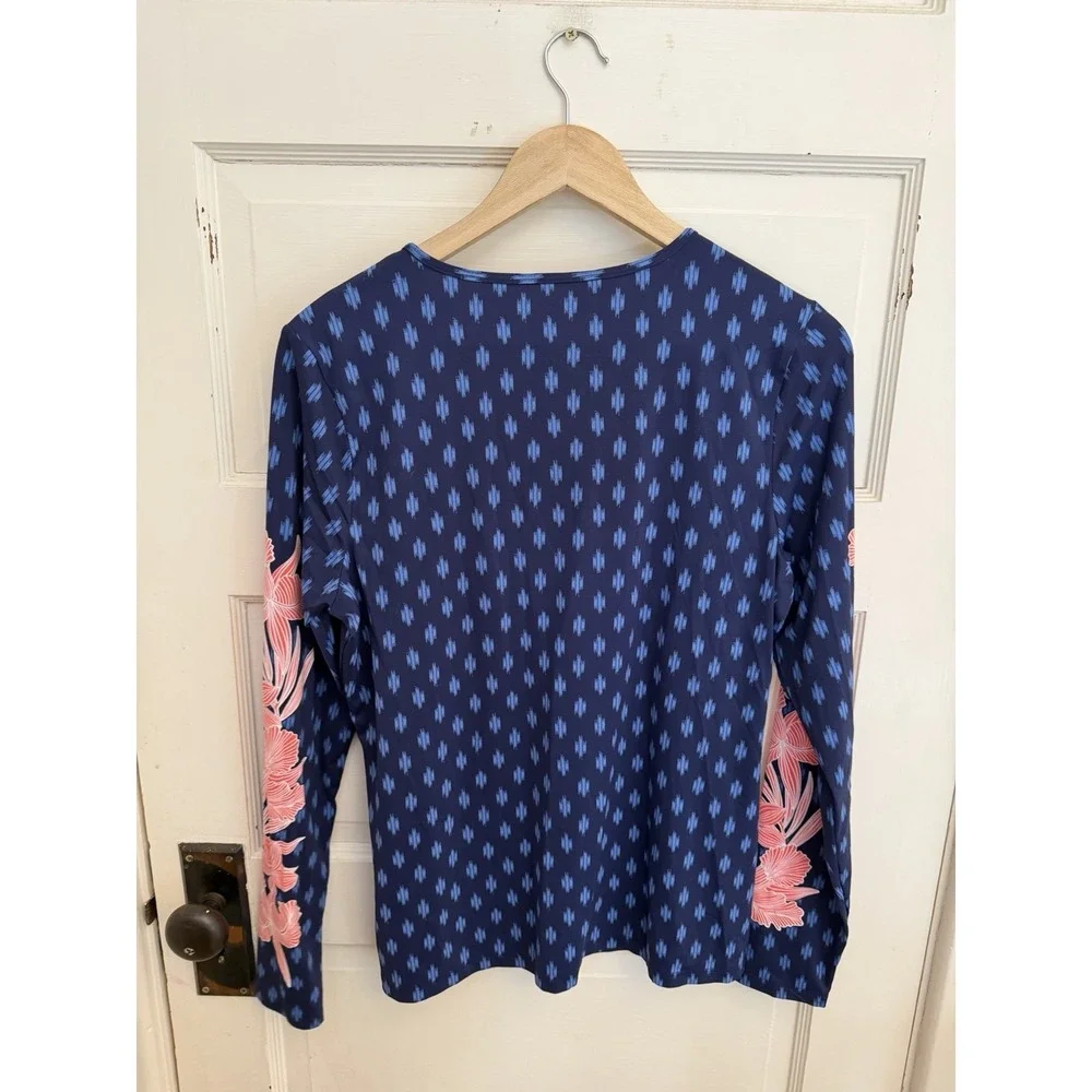 Lands' End Women's Blue Rash Guard Swim‎ Shirt Tropical Floral UPF Active Sz M/L